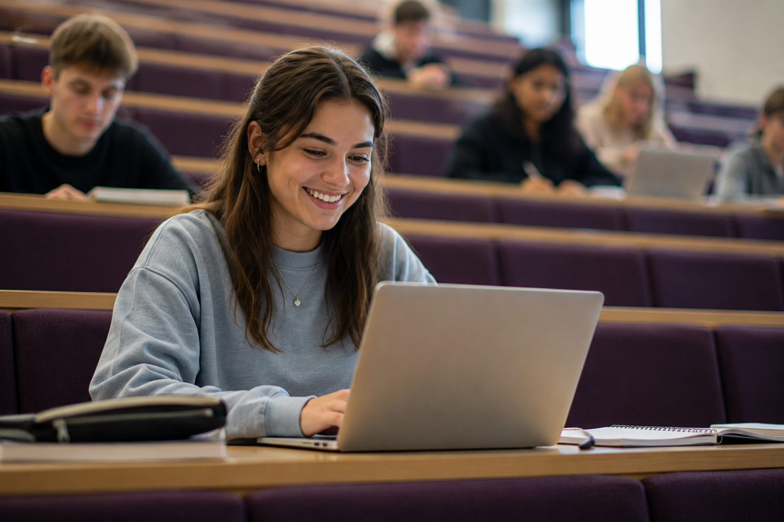 University student completing virtual work experience on a laptop in a modern study space.