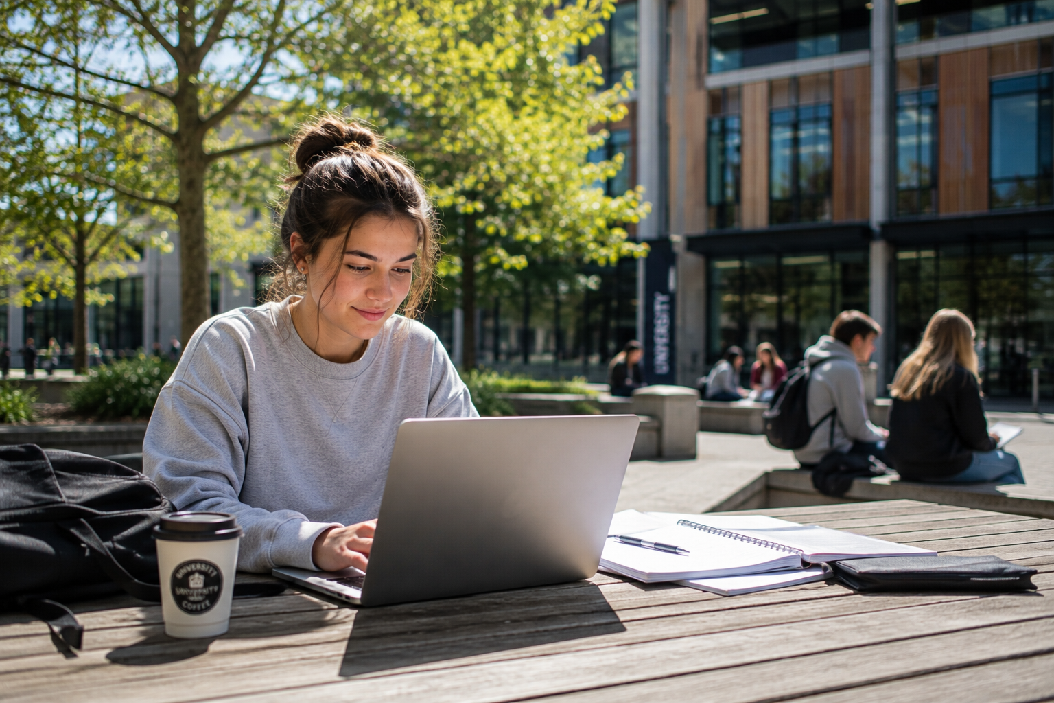 University student studying on a laptop in an outdoor campus learning space.