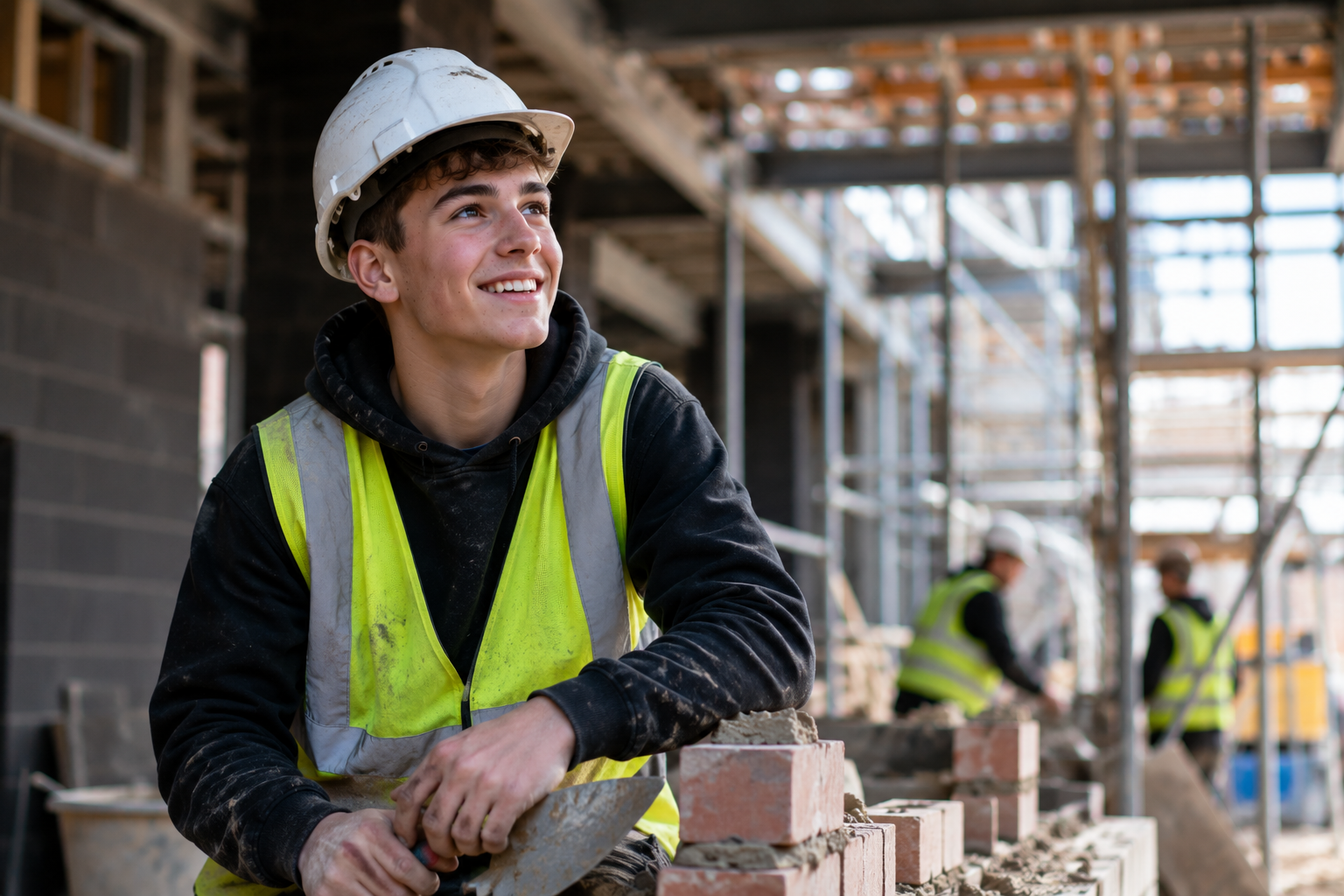 Young apprentice gaining hands-on experience on a construction site.