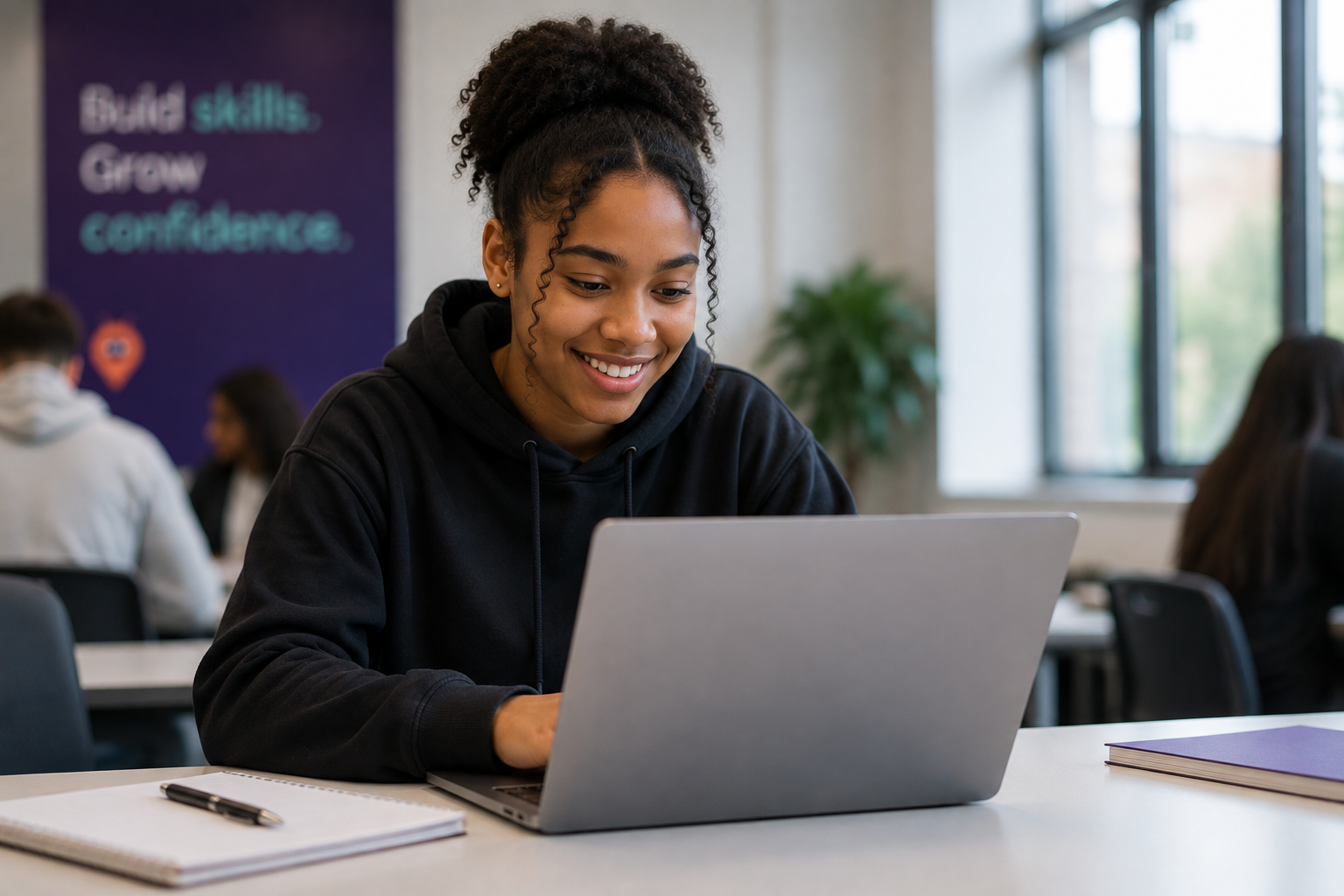 Young person using a laptop to complete an employability simulation.