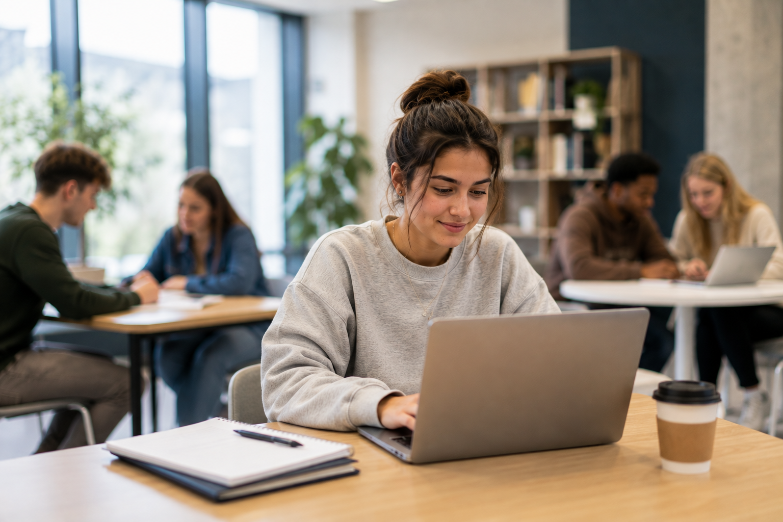 Student completing employability simulations on a laptop in a modern study space.