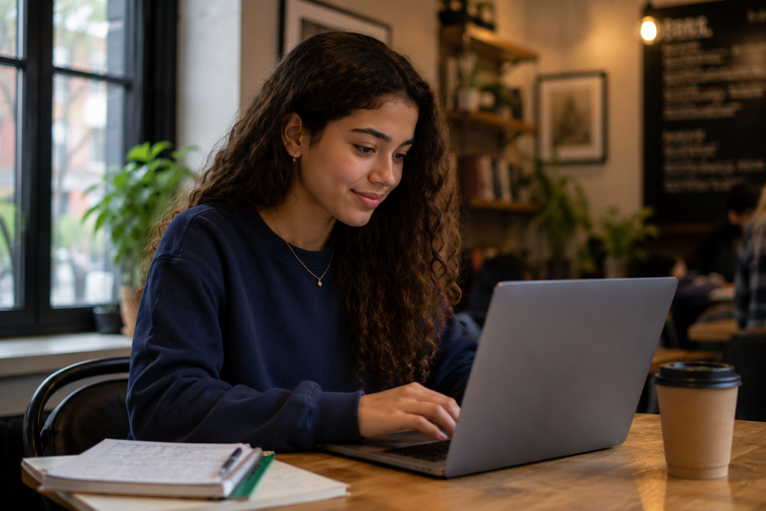 Young person completing virtual work experience independently in a café.