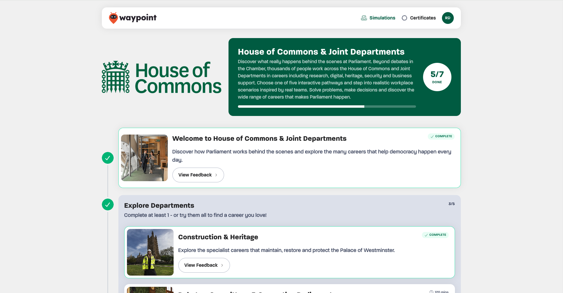 Waypoint virtual work experience dashboard showing House of Commons career pathways and learner progress.