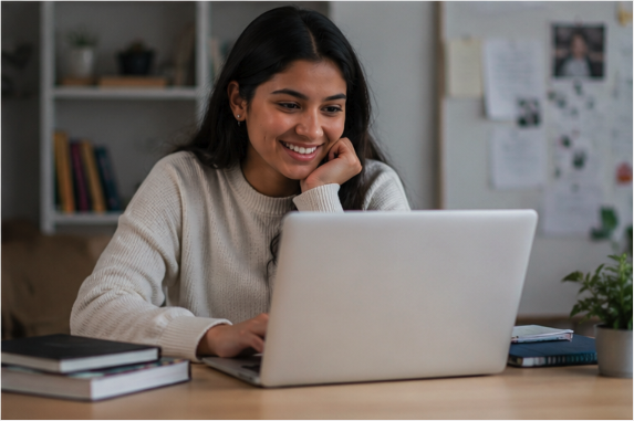 Student smiling while completing virtual work experience on a laptop at home.