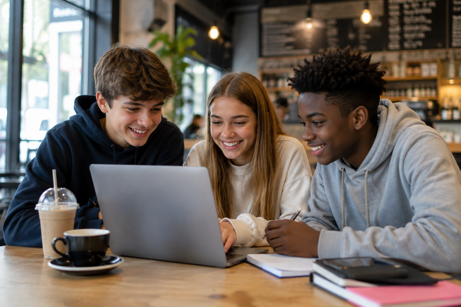 Group of young people completing virtual work experience together on a laptop.
